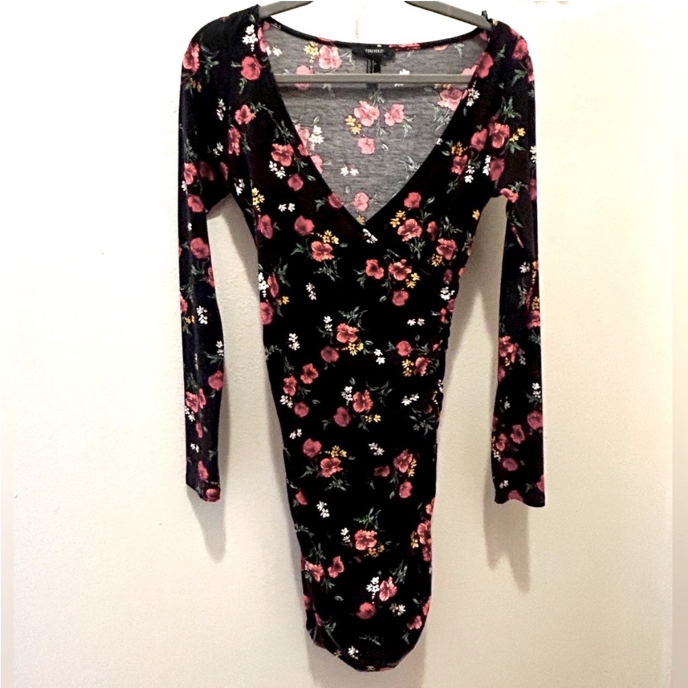 FOREVER 21 Floral V-Neck Wrap Long Sleeve Mini Dress Black Multicolor